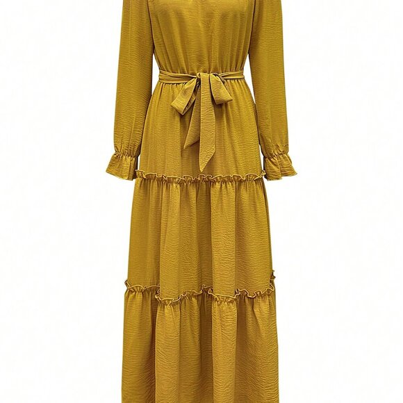 Yellow Casual Women's Off Shoulder Long Sleeve Belted Elegant Dress - Picture 2 of 3